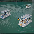 Multiple Swan Shaped Pedal Boats With Passengers On Water Near Mountains And Trees