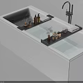 Sleek Modern Freestanding White Bathtub With Black Faucet And Wooden Trays Holding Bath Accessories