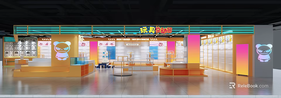 Shopping Mall Toy Story Counter With Colorful Design Neon Lights And Display Shelves 3d model 