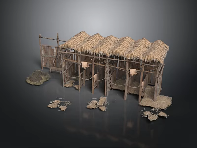 Traditional Thatched Roof Wooden Huts With Rustic Structure And Natural Materials 3d model