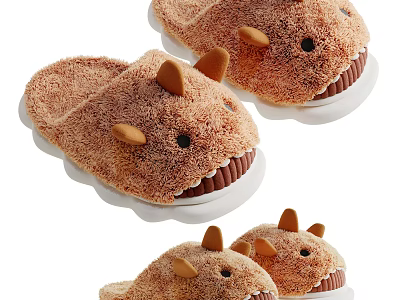 Brown Cartoon Dinosaur Design Slippers With Plush Material For Cozy Home Wear 3d model