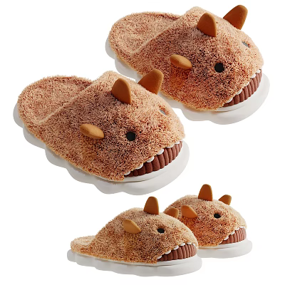 Brown Cartoon Dinosaur Design Slippers With Plush Material For Cozy Home Wear 3d model