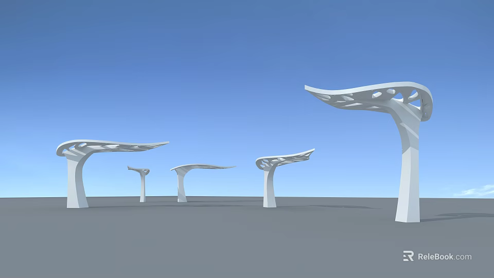 Modern Roadside Facilities Featuring Multiple White Perforated Canopy Structures 3d model