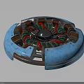 Blue Circular Mechanical Device with Red Green Coils and Central Silver Metal Components 3d model