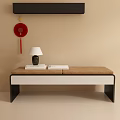 Indoor Decor With Red Chinese Knot Black Lamp White Shade White Books Brown Cushion Bench