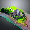 Scenic Island Castle With Stone Tower Ancient Walls Green Grass And Surrounding Water