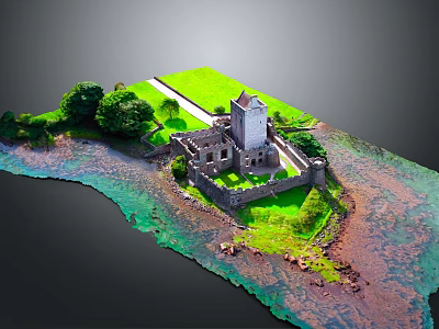 Scenic Island Castle With Stone Tower Ancient Walls Green Grass And Surrounding Water 3d model