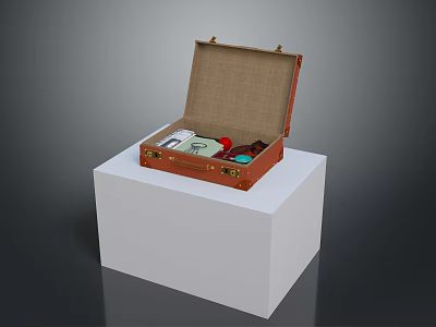 Open Brown Leather Suitcase With Daily Supplies On White Display Stand 3d model