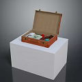 Open Brown Leather Suitcase With Daily Supplies On White Display Stand