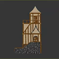 Wooden House Model With Blue Roof Multi Level Structure Stone Base And Staircase Design