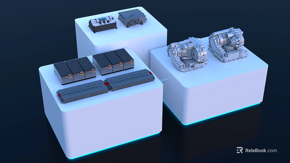 Mechanical Components Display With Battery Packs Motors And Control Modules 3d model 