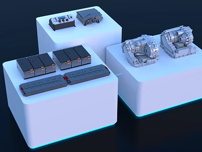 Mechanical Components Display With Battery Packs Motors And Control Modules 3d model