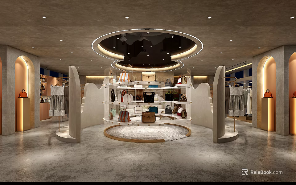 Modern Clothing Store Interior Design With Display Racks Clothing Items And Warm Lighting 3d model 