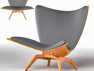 Modern Leisure Accent Chair With Curved Fabric Backrest And Wooden Legs 3d model