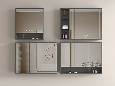 Modern Lighted Bathroom Mirror Cabinets With Storage Shelves And Plants 3d model