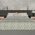Double Bed with Wooden Headboard Floral Quilt and Side Nightstands with Table Lamps