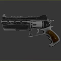 Futuristic Pistol with Metallic Body Wooden Grip and Detailed Structural Design Elements