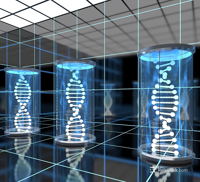 Tech Exhibition Hall Displaying DNA Double Helix Models in Transparent Cylinders with Grid Background 3d model 