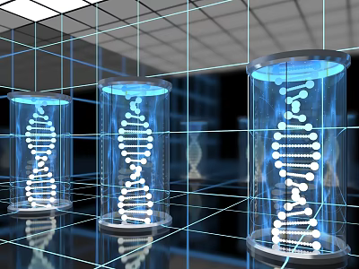 Tech Exhibition Hall Displaying DNA Double Helix Models in Transparent Cylinders with Grid Background 3d model