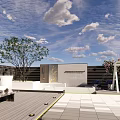 Roof Top Garden Patio Design with Tiled Flooring Pergola Flowers and Water Feature