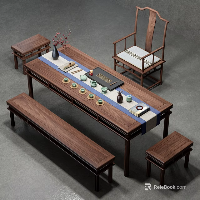 Chinese Style Solid Wood Tea Table and Chairs with Tea Set and Flower Vase 3d model 