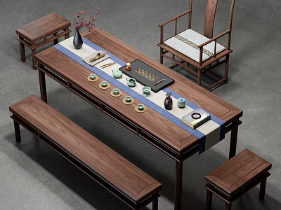 Chinese Style Solid Wood Tea Table and Chairs with Tea Set and Flower Vase 3d model