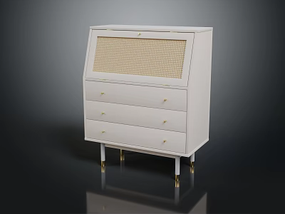 White Console Side Cabinet With Woven Panel Drawers And Golden Legs 3d model