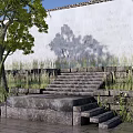 Ancient Style Garden Wall With White Weathered Texture Stone Steps And Green Tree 3d model