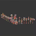 Colorful Miniature Scene Components Arranged In Row With Red White Orange Elements