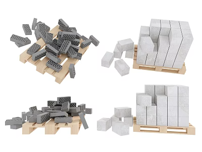 Construction Bricks With Gray Porous And White Solid On Wooden Pallets 3d model