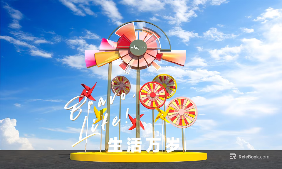 Colorful Windmill Sculpture with Long Live Life Lettering and Blue Sky 3d model 