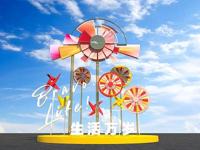 Colorful Windmill Sculpture with Long Live Life Lettering and Blue Sky 3d model