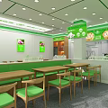 Bright Green Restaurant Interior With Wooden Tables Green Chairs And Menu Boards