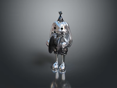 Silver Metallic Game Movie Character With Shiny Reflective Surface Bunny Ears Hat And Holding Object 3d model