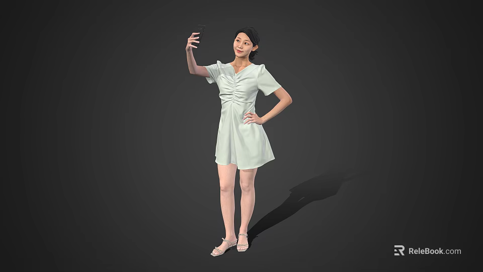 Woman in light green dress taking selfie with phone one hand on hip gray background 3d model 