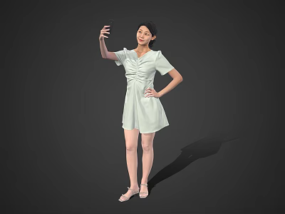 Woman in light green dress taking selfie with phone one hand on hip gray background 3d model