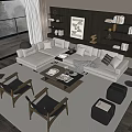 Modern Living Room Light Colored Sofa Coffee Table Set With Armchairs And Large Windows