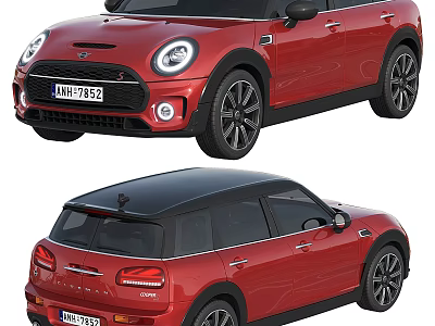 Red Mini Cooper Five Door Hatchback With Black Roof And Sporty Design 3d model