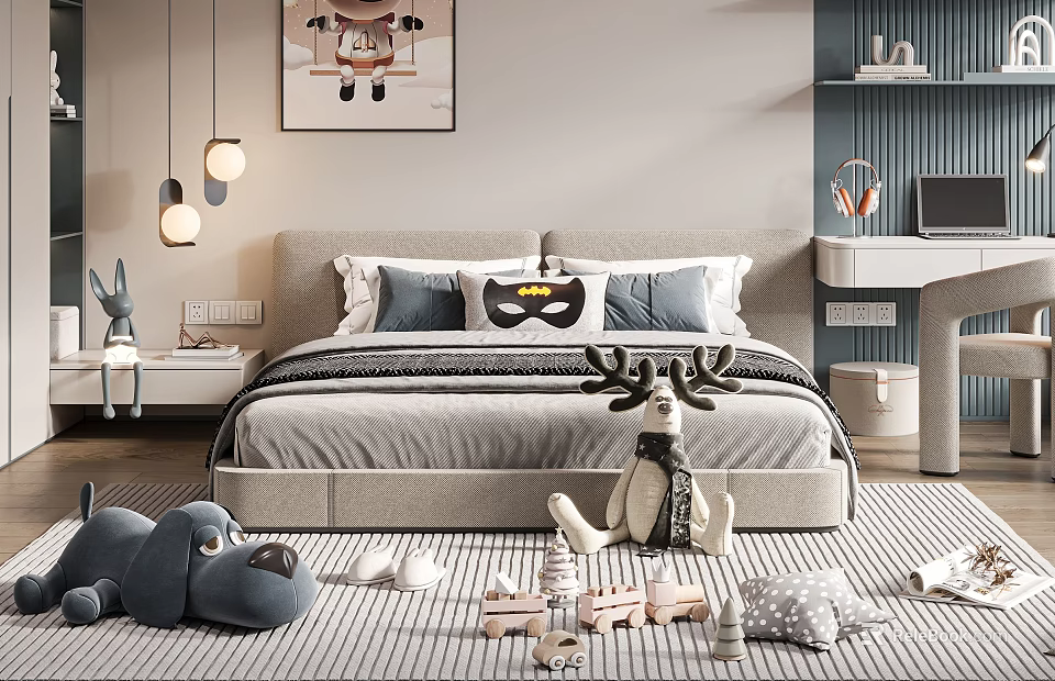 Cozy Kids Room With Double Bed Stuffed Toys Pillows Striped Rug And Pendant Lights 3d model 