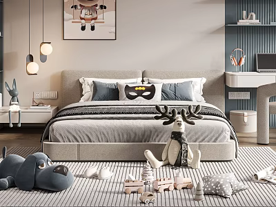 Cozy Kids Room With Double Bed Stuffed Toys Pillows Striped Rug And Pendant Lights 3d model