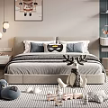 Cozy Kids Room With Double Bed Stuffed Toys Pillows Striped Rug And Pendant Lights