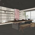 Modern Tea Room Interior Design With Wooden Tea Table Bench And Display Shelves