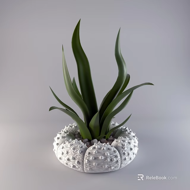 Bonsai Potted Plant With Long Green Leaves In White Patterned Pot And Decorative Pebbles 3d model 