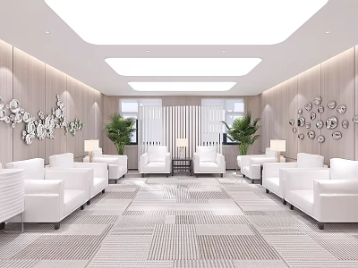 Modern Lounge Area Design With White Sofas Green Plants And Wall Decorations 3d model