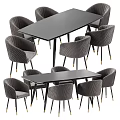 Modern Dining Table Set With Wooden Black Tabletop And Grey Chairs Golden Legs