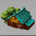 Charming Small Building With Blue Tiled Roof Wooden Walls Green Trees And Lifesaver Decoration