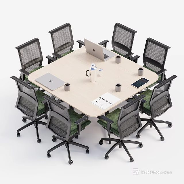 Modern Office Conference Table with Ergonomic Chairs Laptop Coffee Mugs Water Kettle and Documents 3d model 