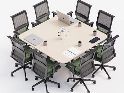 Modern Office Conference Table with Ergonomic Chairs Laptop Coffee Mugs Water Kettle and Documents 3d model