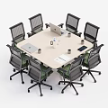 Modern Office Conference Table with Ergonomic Chairs Laptop Coffee Mugs Water Kettle and Documents