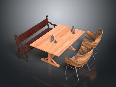 Stylish Wooden Dining Furniture Set With Table Bench And Two Chairs 3d model